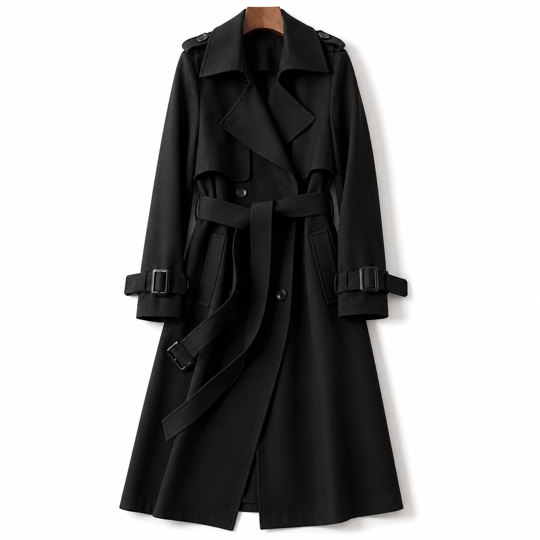 Manteau long croisé ceinturé – Noir