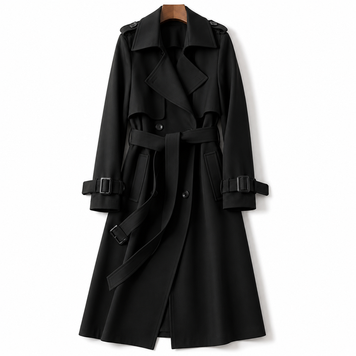 Manteau long croisé ceinturé – Noir