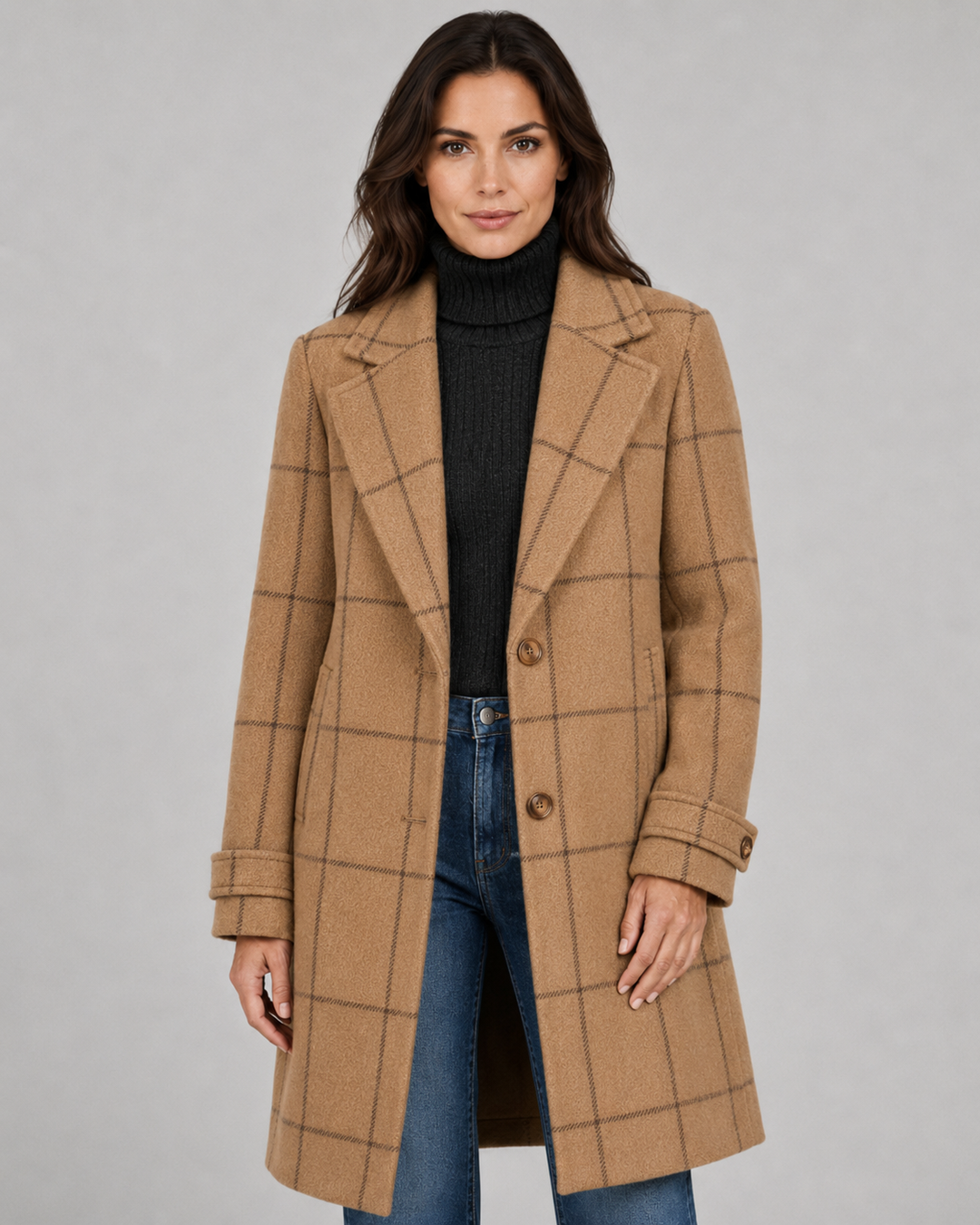 Manteau Long Structuré à Carreaux – Kaki