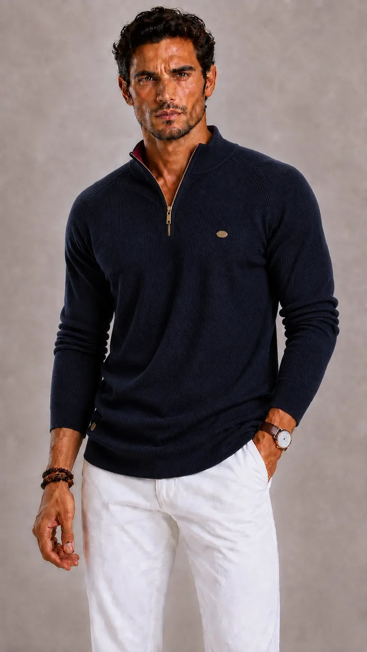 Pull Homme à Col Demi-Ouvert – Bleu Marine
