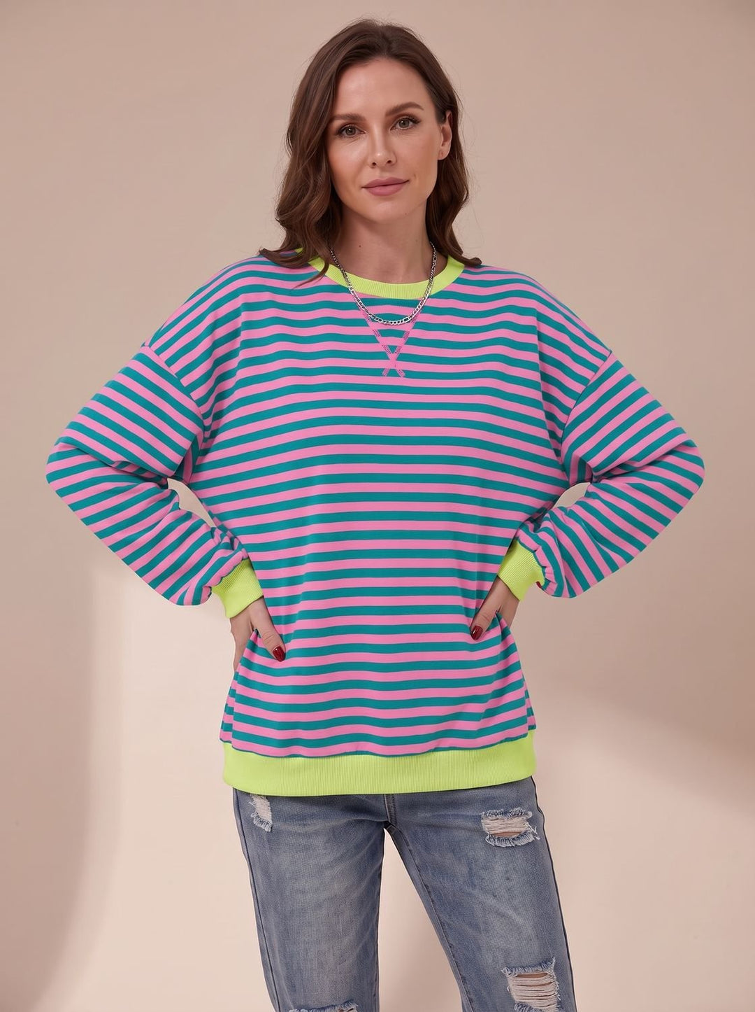 Sweat Ample à Rayures Rétro – Rose