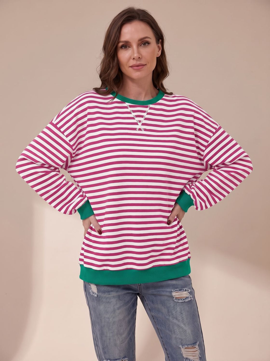 Sweat Ample à Rayures Rétro – Rouge Rosé