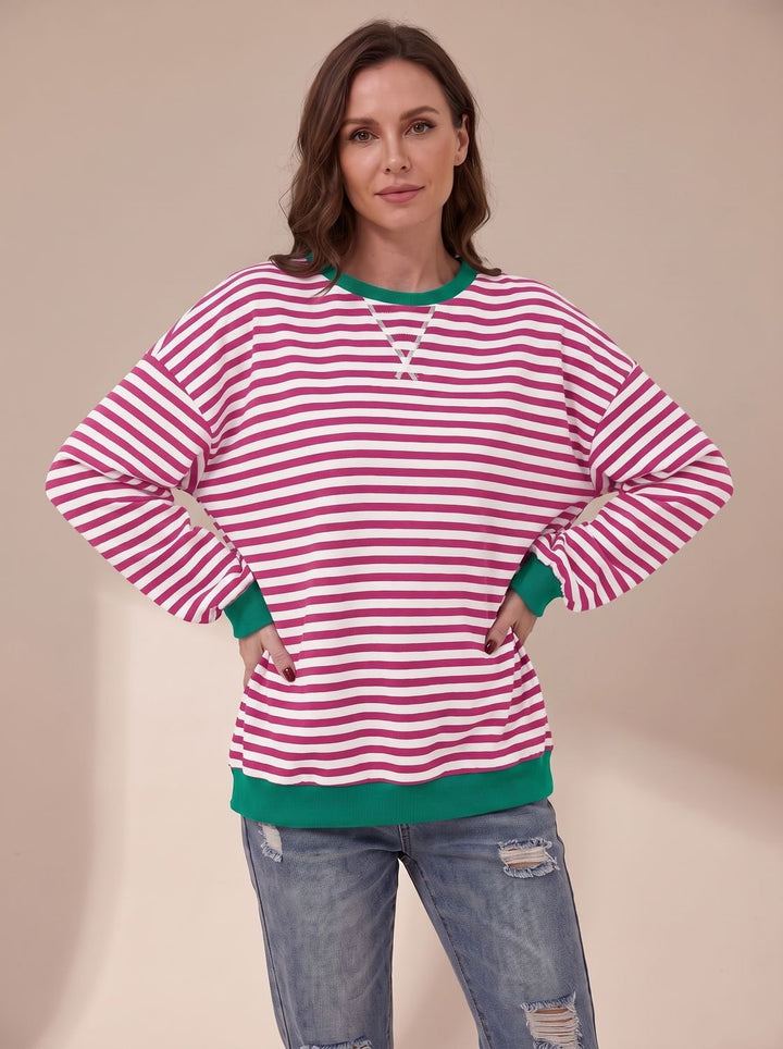 Sweat Ample à Rayures Rétro – Rouge Rosé