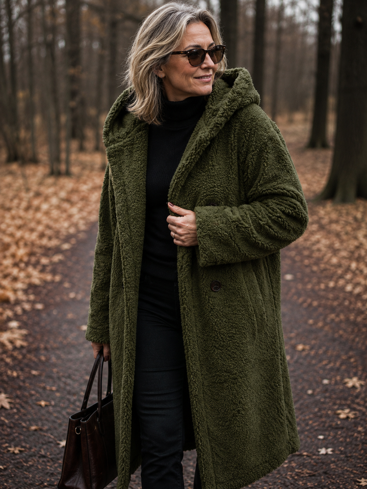 Manteau long douillet à capuche – Vert
