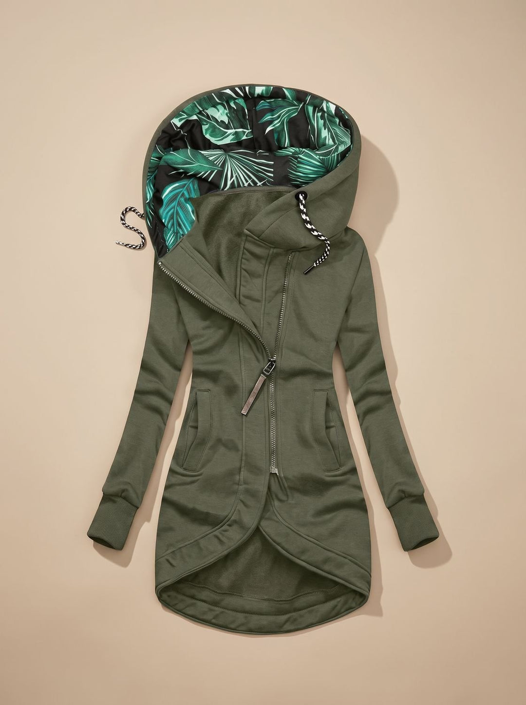 Veste Cintrée à Capuche Zippée – Vert Olive