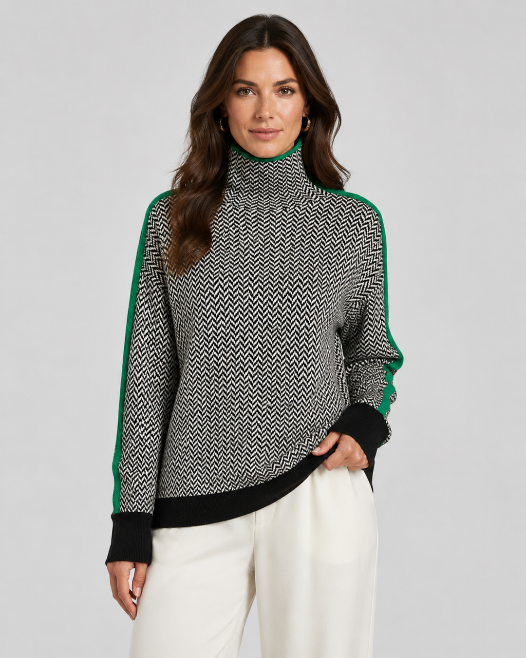 Pull Col Montant à Motif Chevron – Vert