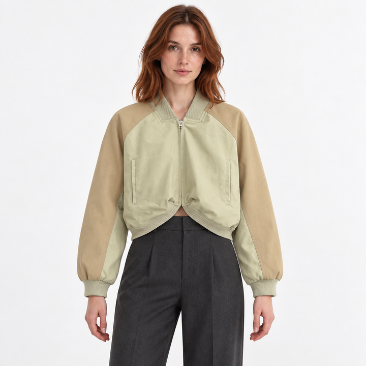 Veste Bomber Courte Bicolore – Kaki