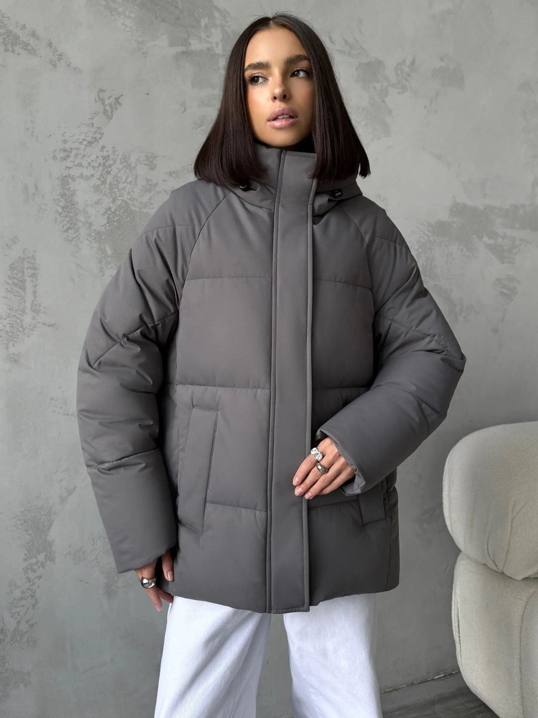 Veste Bouffante à Capuche Ample – Gris