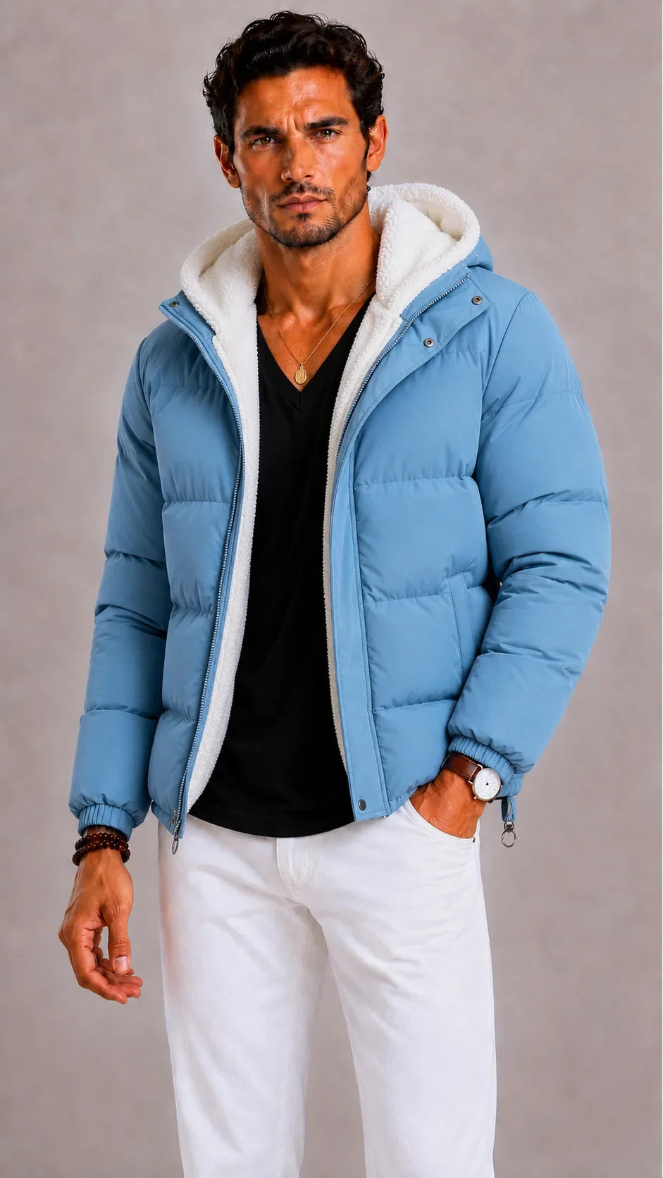 Veste Chaude Doublée à Capuche – Bleu