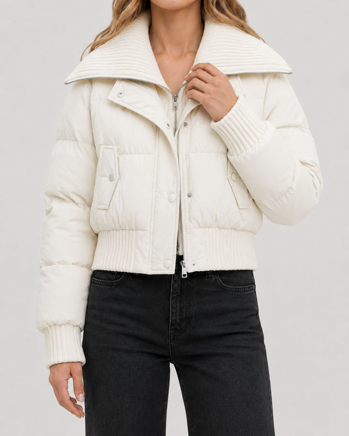 Veste Courte à Grand Col Texturé – Crème