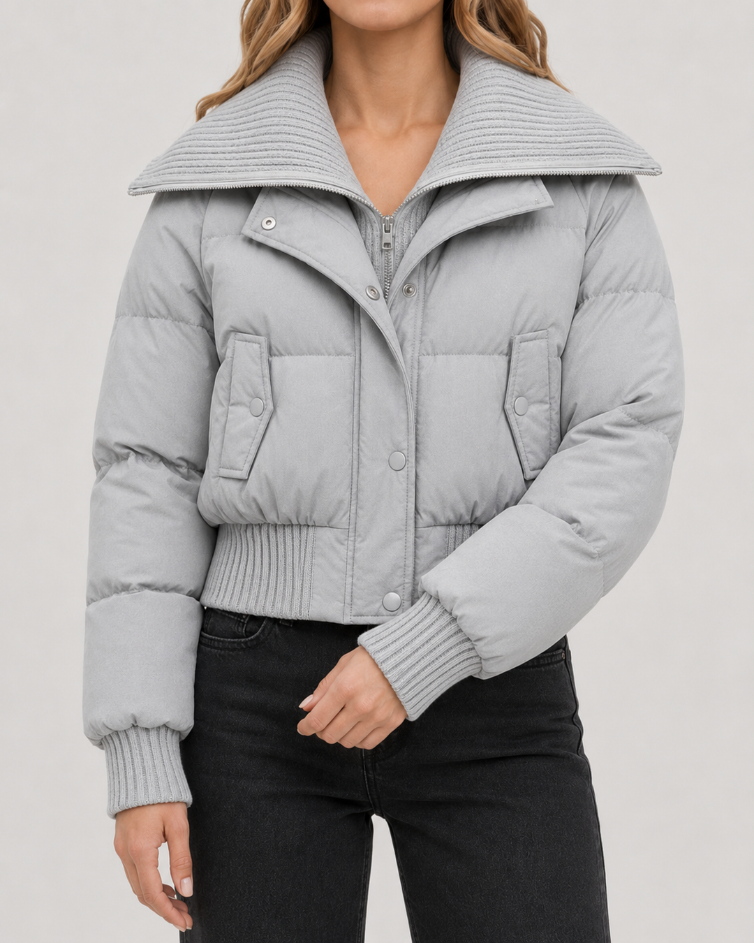 Veste Courte à Grand Col Texturé – Gris