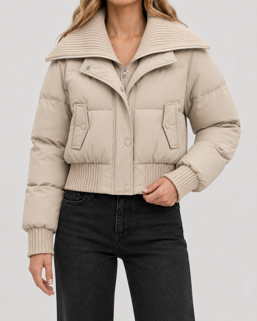 Veste Courte à Grand Col Texturé – Kaki