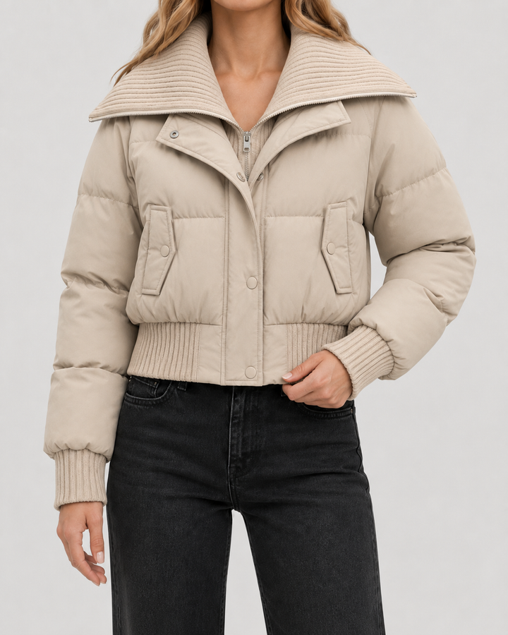 Veste Courte à Grand Col Texturé – Kaki