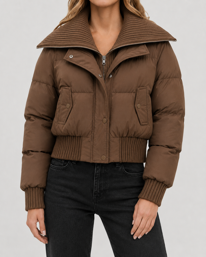 Veste Courte à Grand Col Texturé – Marron