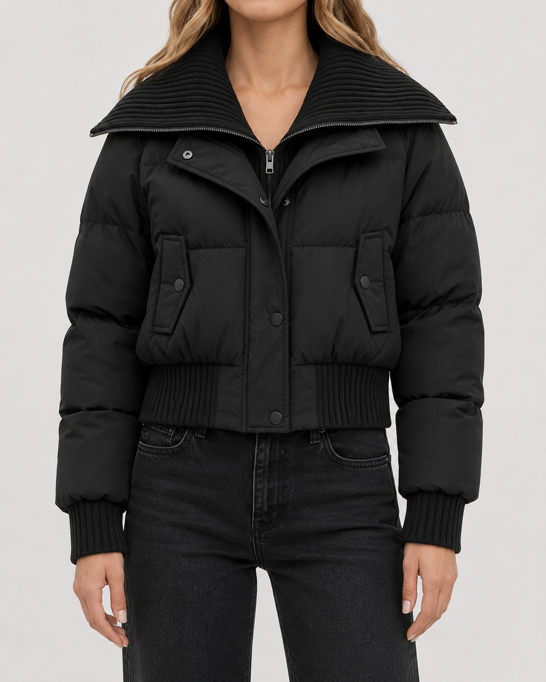 Veste Courte à Grand Col Texturé – Noir