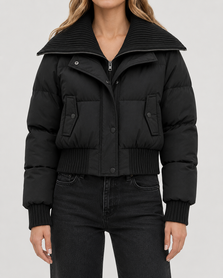 Veste Courte à Grand Col Texturé – Noir
