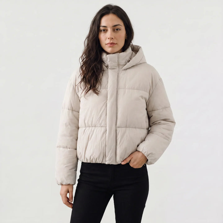 Veste courte bouffante à capuche – Blanc