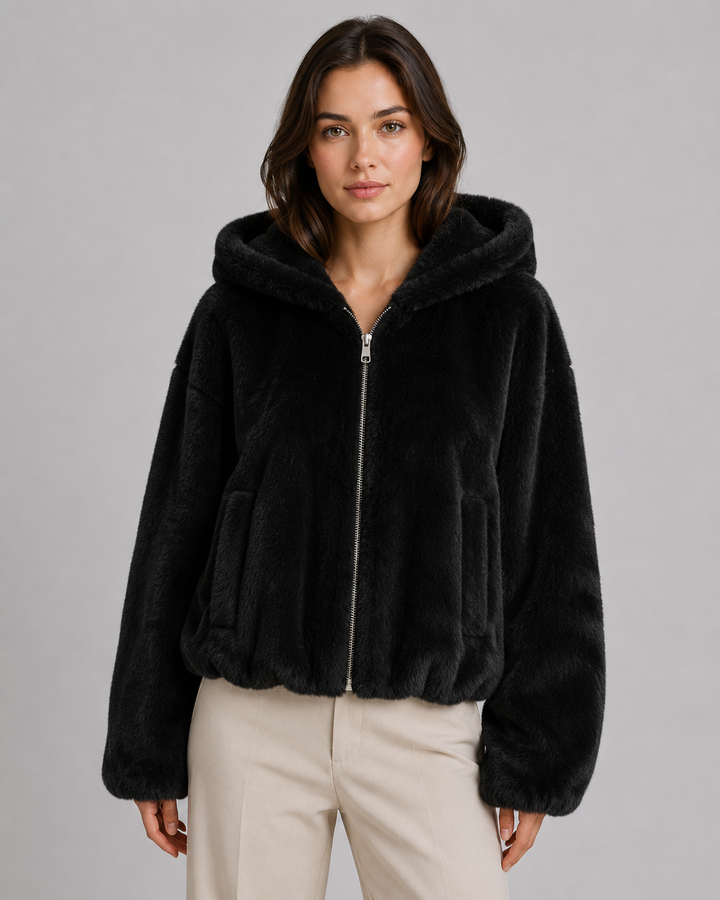 Veste Courte Enveloppante à Capuche – Noir