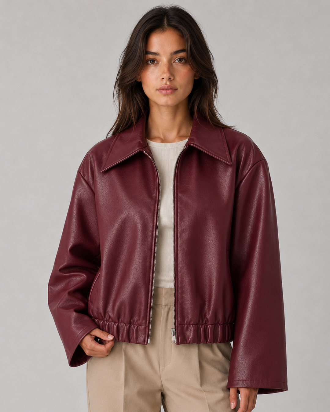 Veste Courte Zippée Décontractée – Rouge