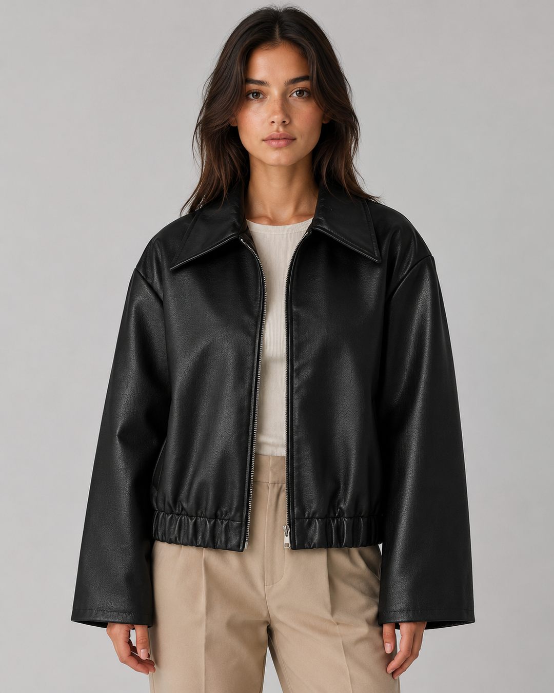 Veste Courte Zippée Décontractée – Noir