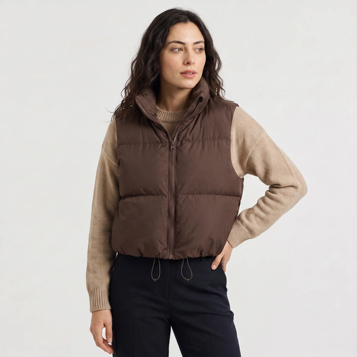 Veste Courte Zippée sans Manches – Marron