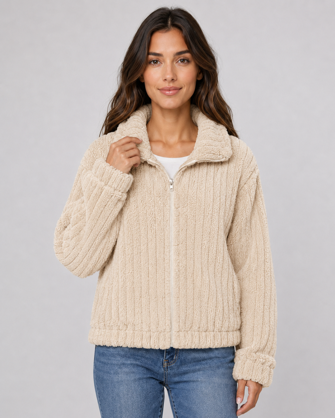Veste Douce Texturée à Col Droit – Beige