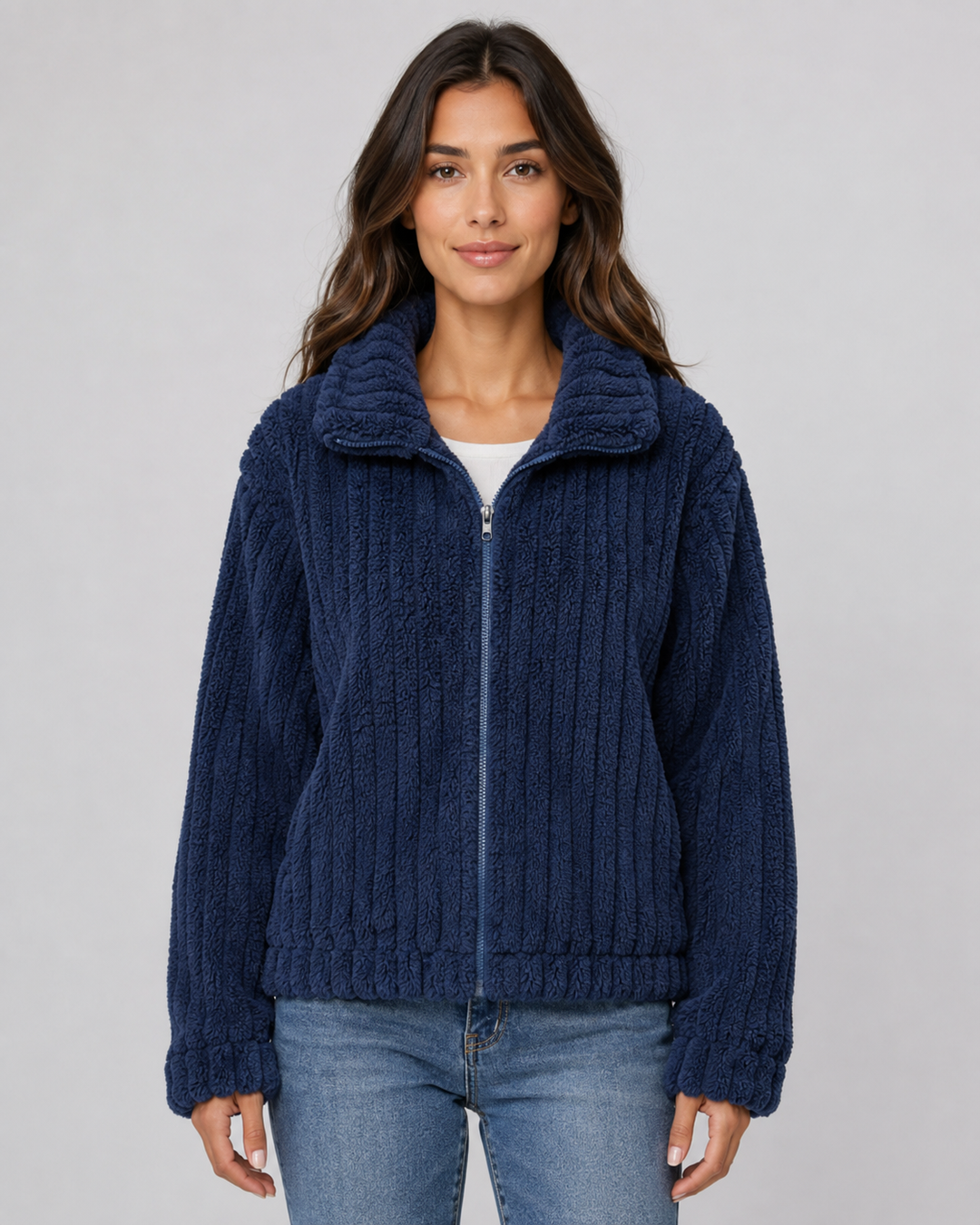 Veste Douce Texturée à Col Droit – Bleu