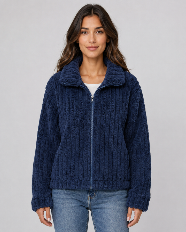 Veste Douce Texturée à Col Droit – Bleu
