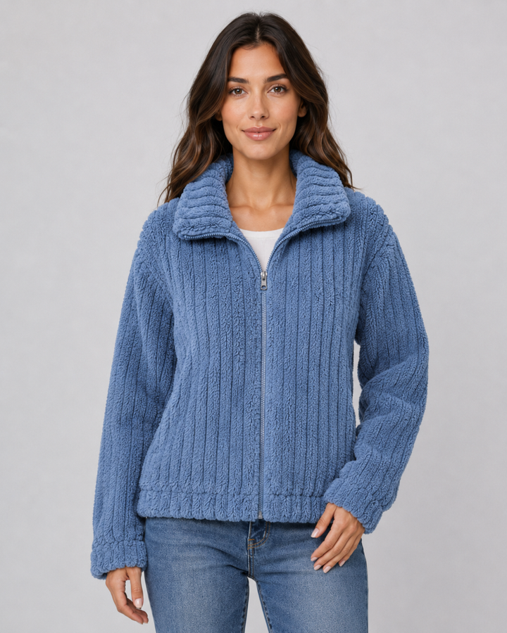 Veste Douce Texturée à Col Droit – Hazel Bleu