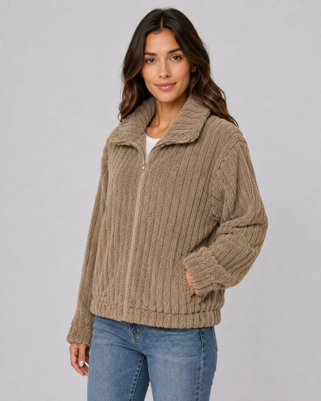 Veste Douce Texturée à Col Droit – Kaki