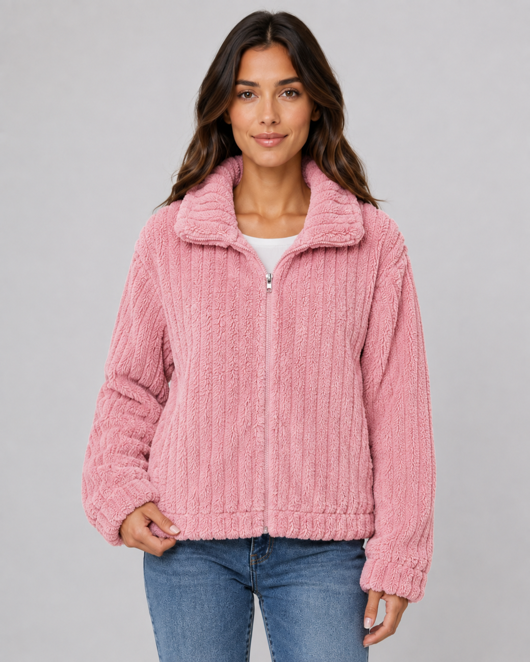 Veste Douce Texturée à Col Droit – Rose