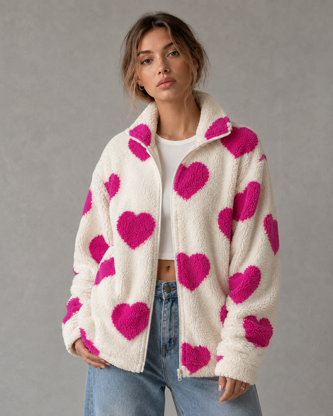Veste Douillette à Motif Ludique – Rose