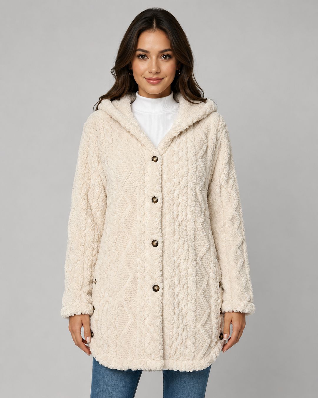 Veste Douillette à Motif Torsadé – Crème