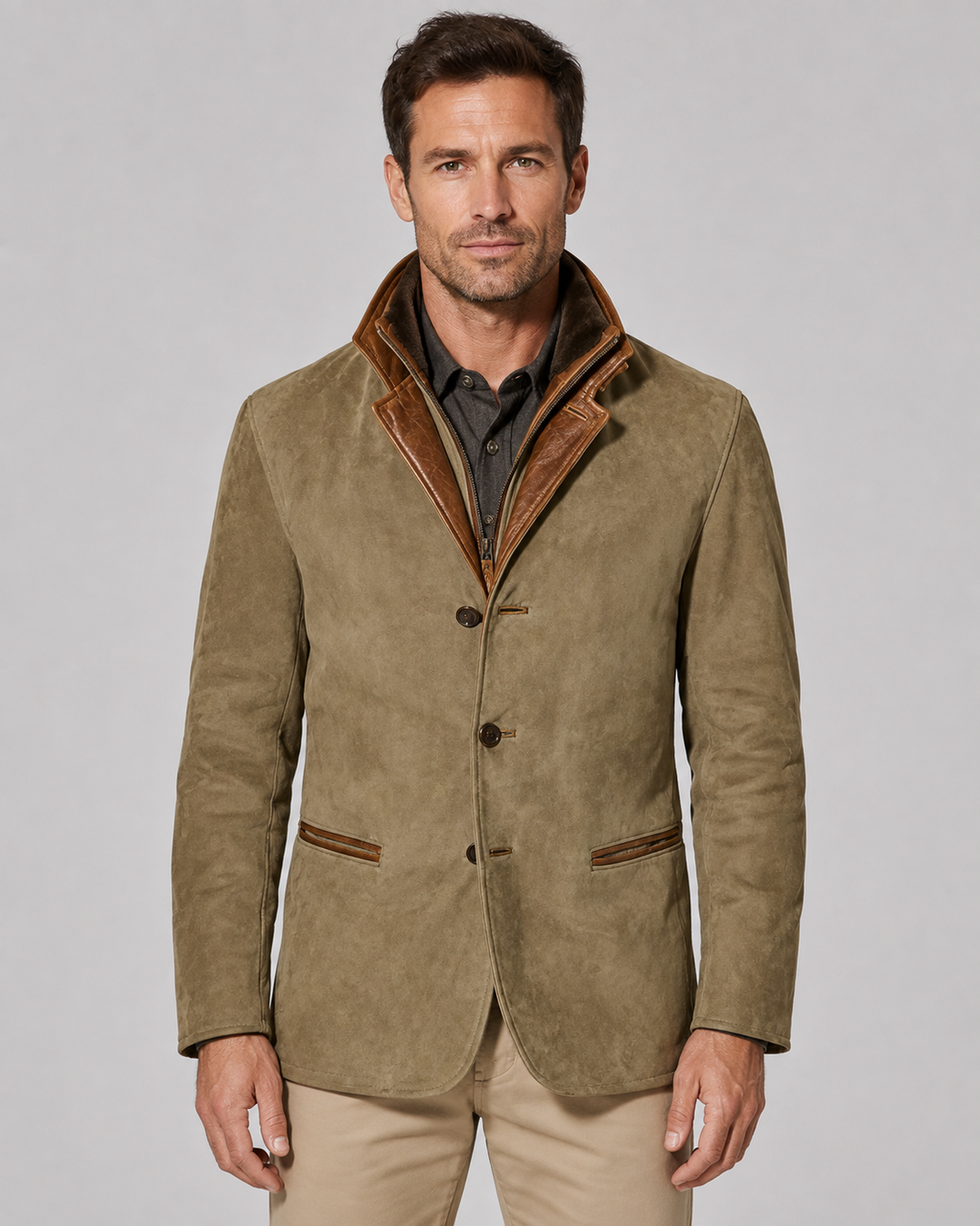 Veste Élégante à Col Superposé – Kaki