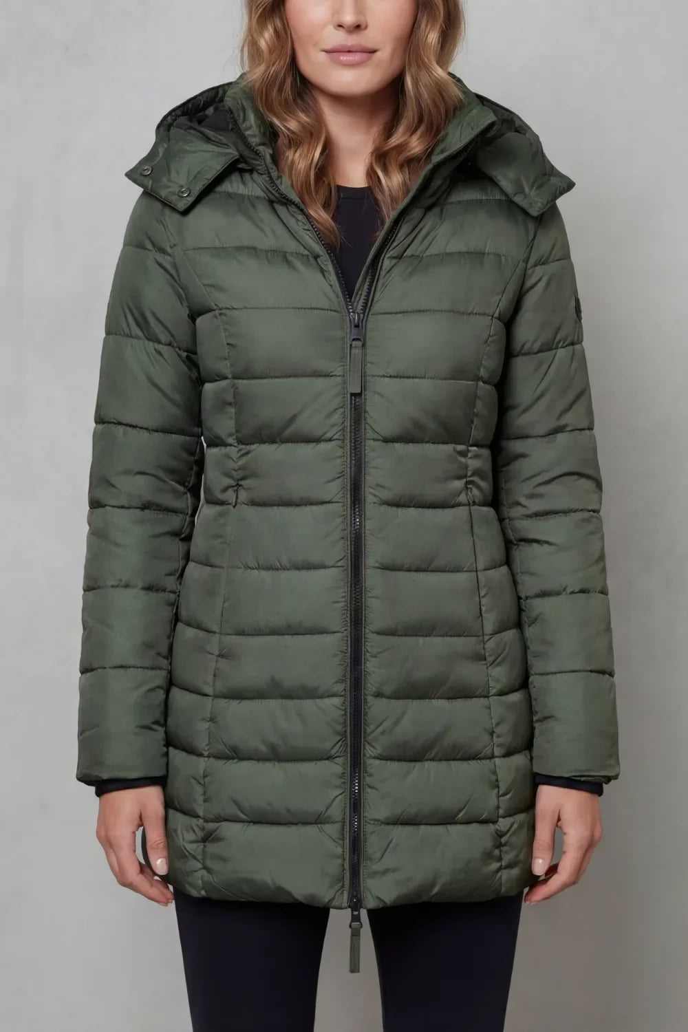 Veste Matelassée Mi-longue à Capuche – Vert Foncé