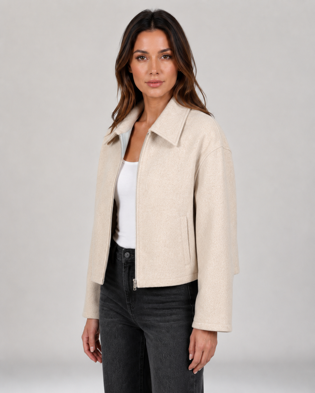 Veste Zippée à Col Classique – Abricot