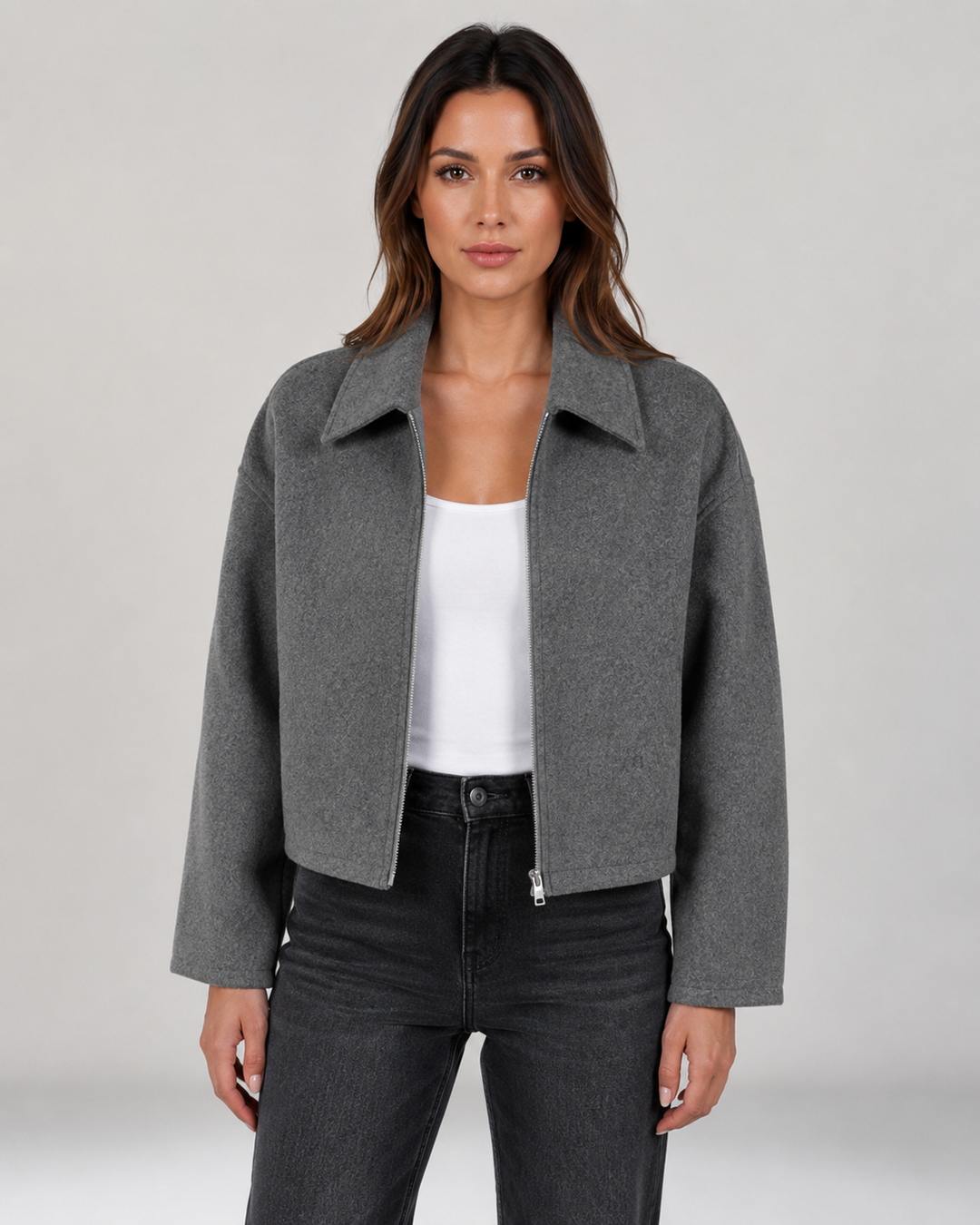 Veste Zippée à Col Classique – Gris