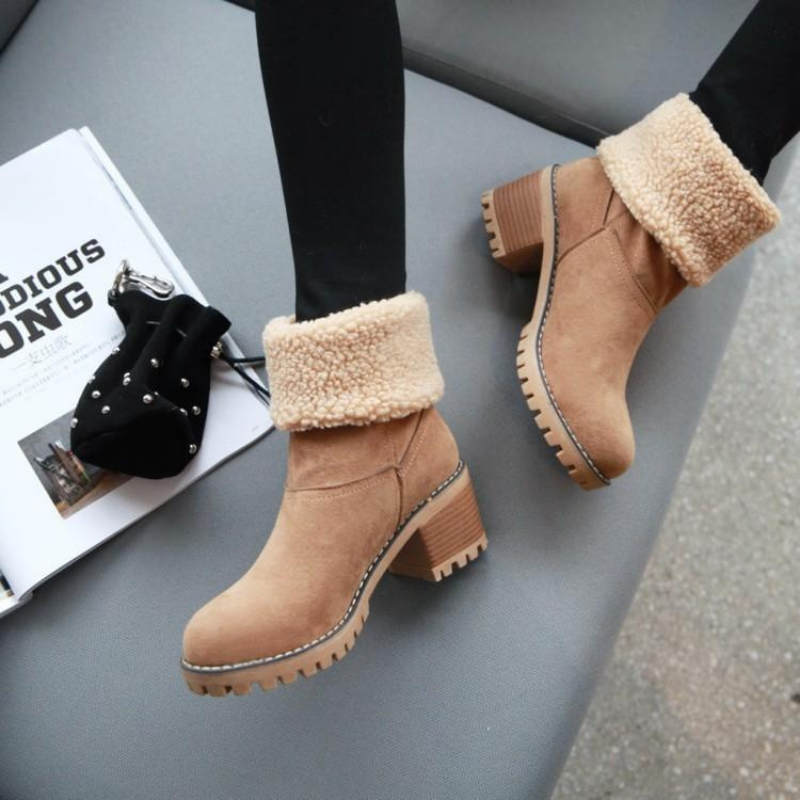 Bottines à Revers en Fausse Fourrure | Talon Confortable | Style Hivernal