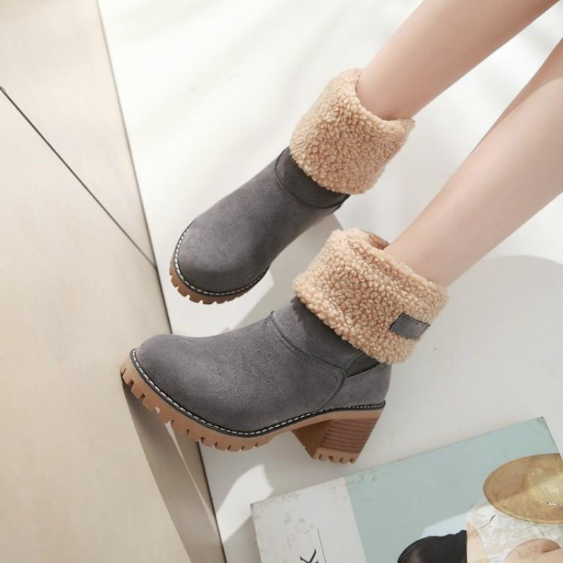 Bottines à Revers en Fausse Fourrure | Talon Confortable | Style Hivernal